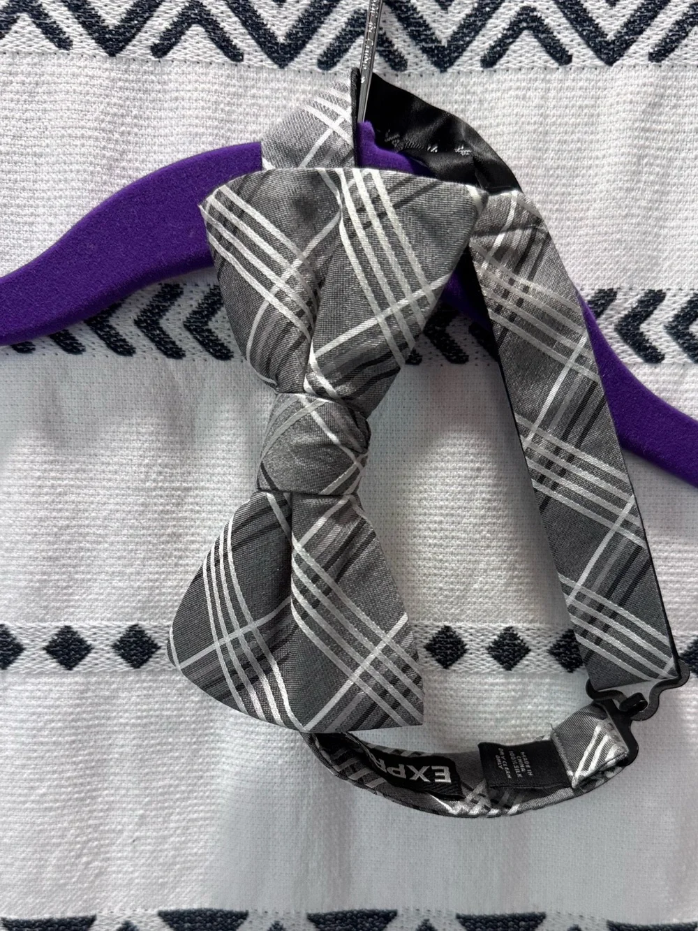 Express brand clip on bow tie in sleek gray and white plaid pattern formalwear